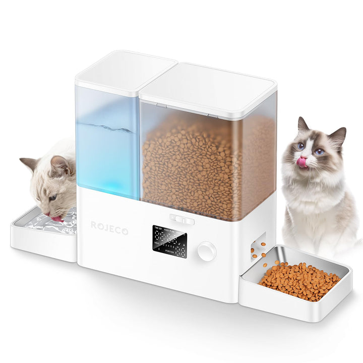 Rojeco 2-in-1 Futterautomat und Wasserspender, 5L Trockenfutter Automat für Katzen mit 3.5L Wasserta