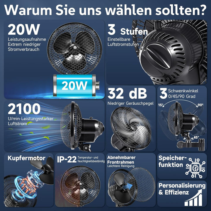 Grow Clip Ventilator, 900 m³/h starke Luftleistung, leise 32 dBA, 3 Geschwindigkeiten, 20W, 3 Timer-
