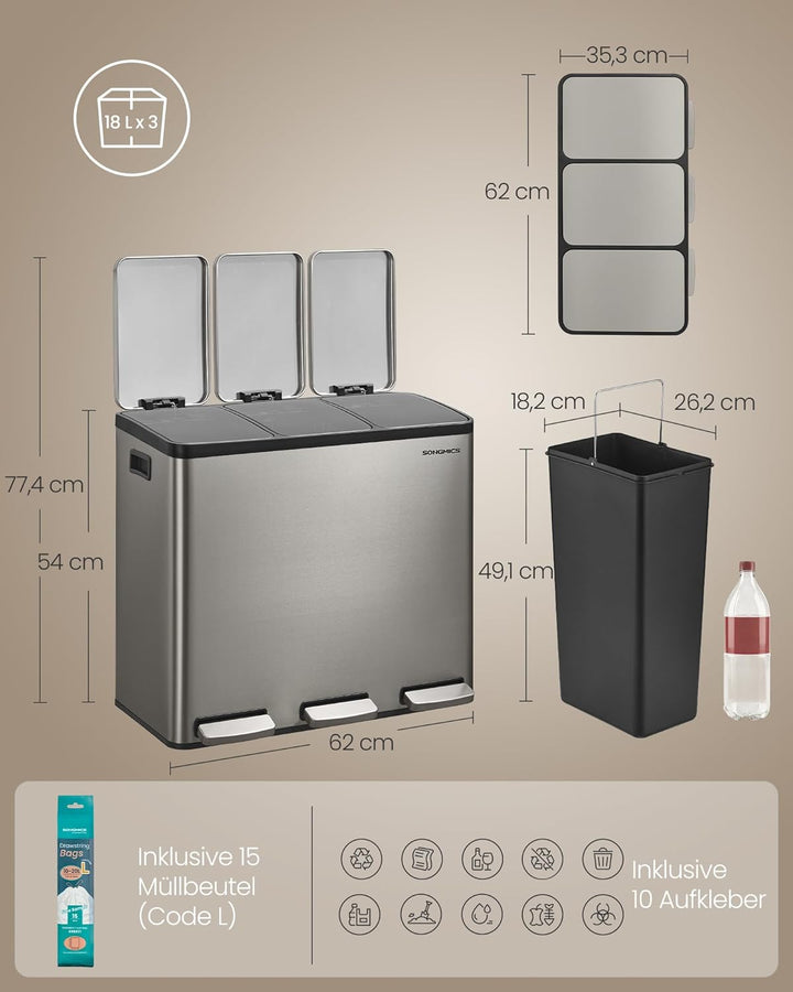 SONGMICS Mülleimer Küche, 3 x 18 L, Mülltrennsystem 3 Fächer, Abfalleimer mit 15 Müllbeuteln, Tretmü