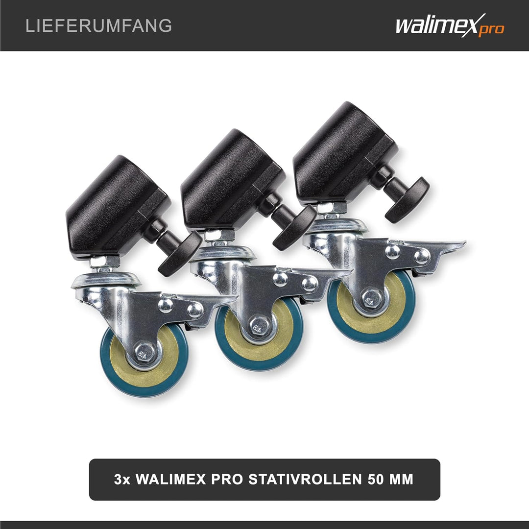 Walimex pro Stativrollen Pro 3er-Set – Stativrollen, Lenkrollen, Vollmetall, Rollen 50mm Ø, mit Gumm