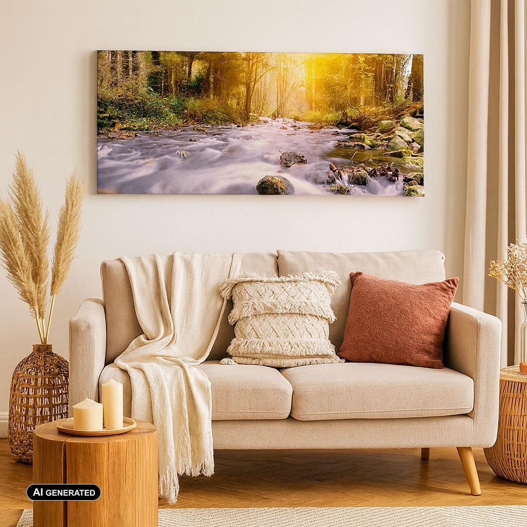 Wandbilder Dekoration Wohnzimmer Herbst Wald Berg Fluss Panorama Bilder auf Leinwand 120x50cm Leinwa