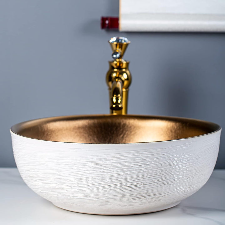 1 Kompletter Satz Keramik Arbeitsplatte Waschbecken mit Gold Wasserhahn und Pop-up Abfluss für Badez