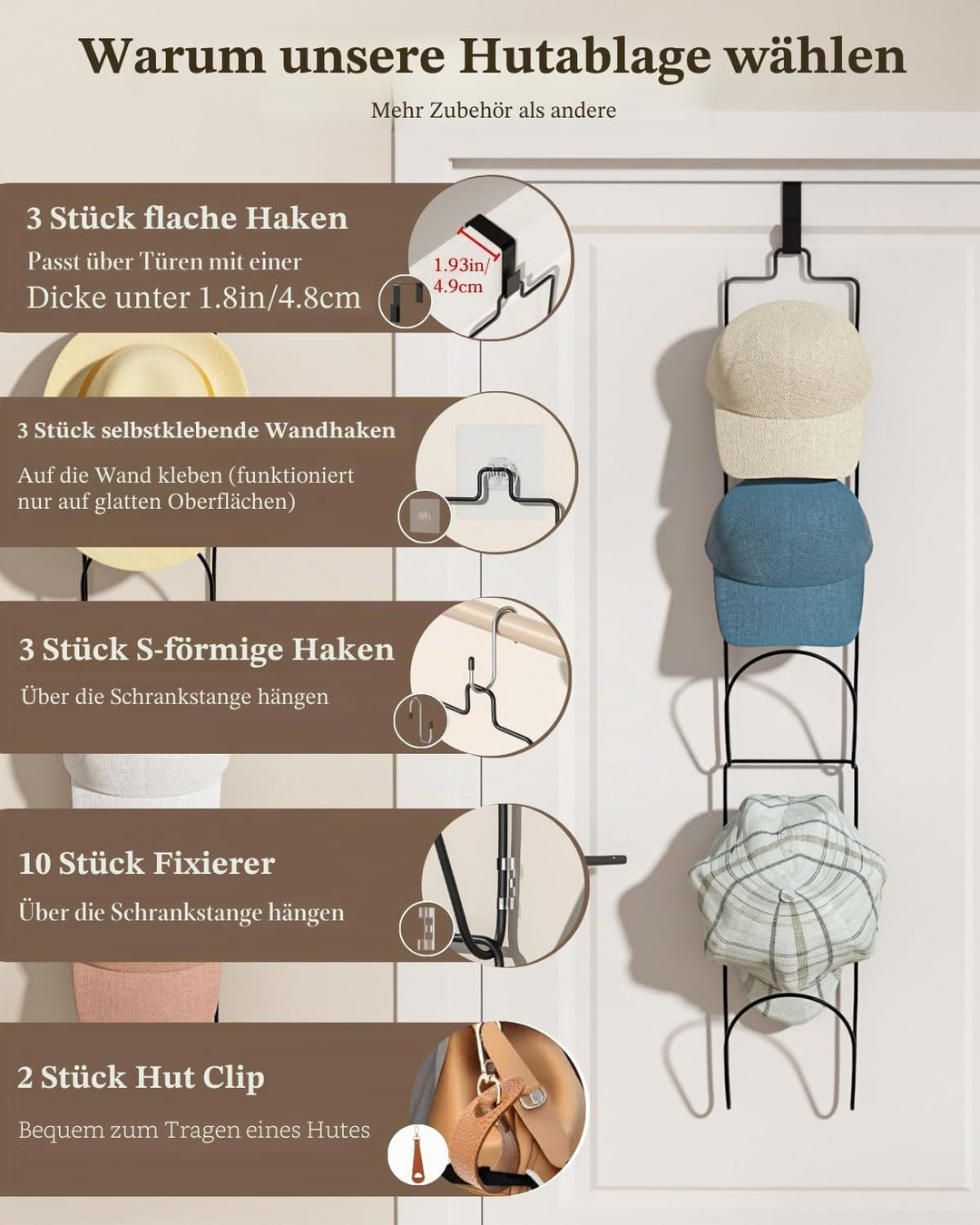 LINFIDITE Cap Halter Tür Hut Racks, Baseball Cap Halterung Schrank hängende Einstellbare Huthalter,f