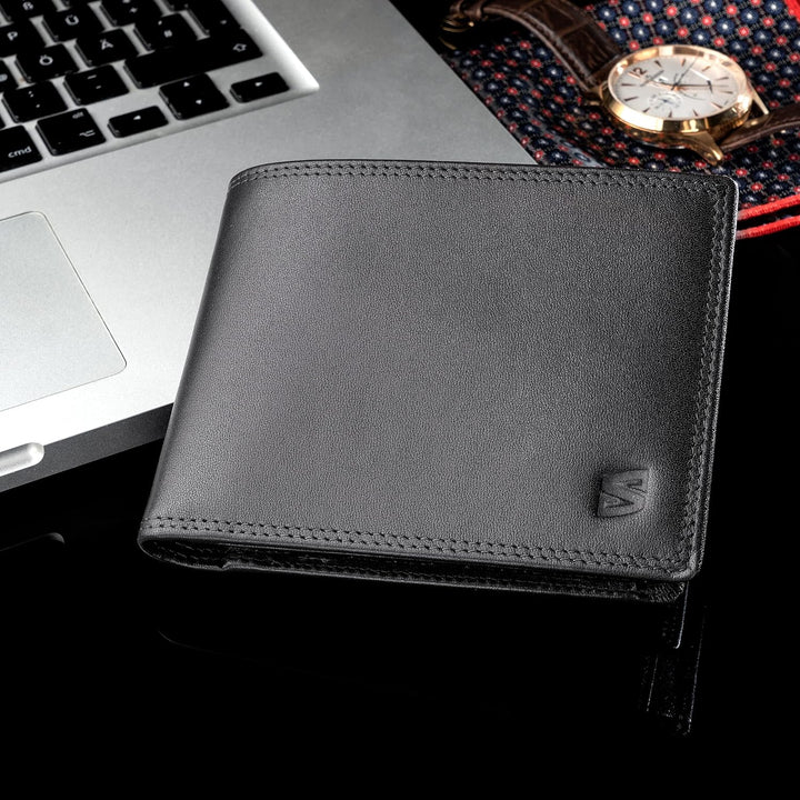 SERASAR | Leder Geldbeutel Männer mit RFID Schutz | Schwarzes Nappaleder | 12 Kartenfächer | Exklusi