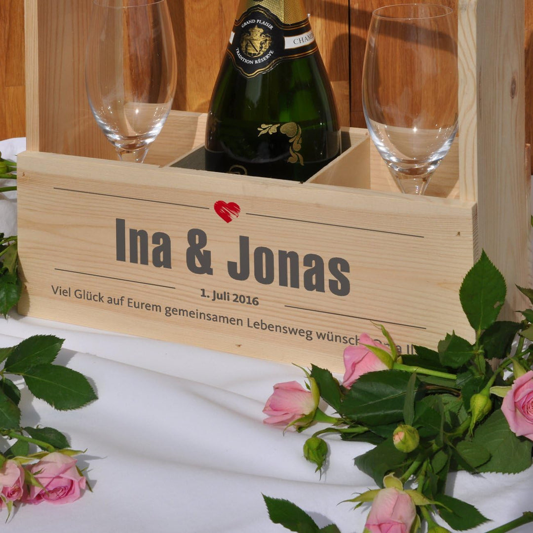 Cera &amp; Toys® Flaschenhalter zur Hochzeit mit Aufdruck der Namen und Glückwunschtext (Herz), Herz
