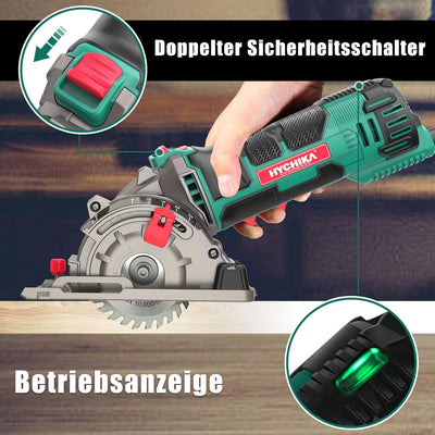 Mini Kreissäge, HYCHIKA Handkreissäge mit 3 Sägeblättern, Laserführung, Skalenlineal, 500W Motor aus