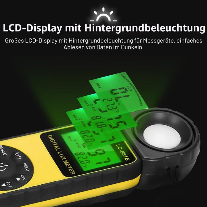 Digital Luxmeter, LC-881E Belichtungsmesser 0.1-300,000 Lux mit Hintergrundbeleuchtung, Lichtmessger