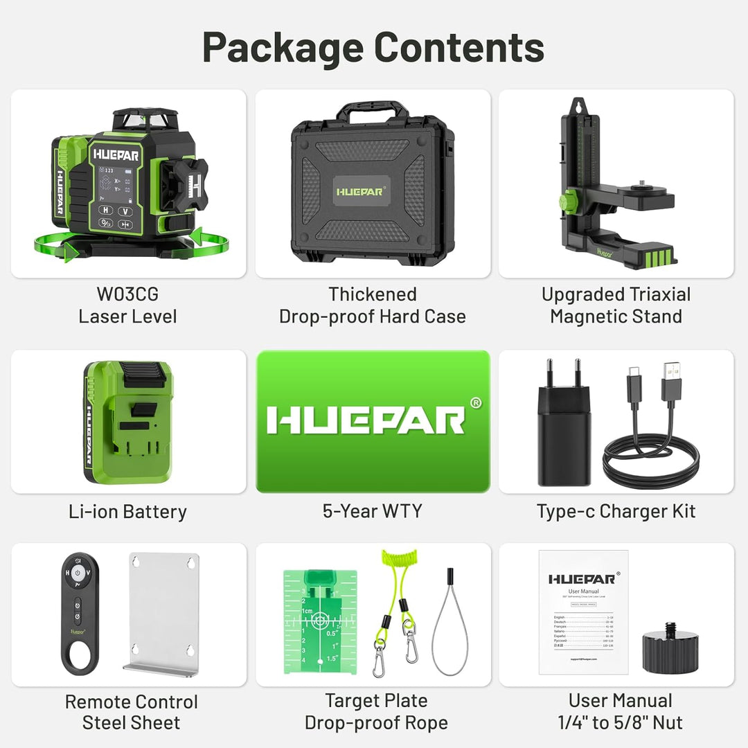 Huepar W03CG 3D-Laser-Nivelliergerät für Neubauten, 3x360° selbstnivellierend, 12 Linien, Bluetooth-