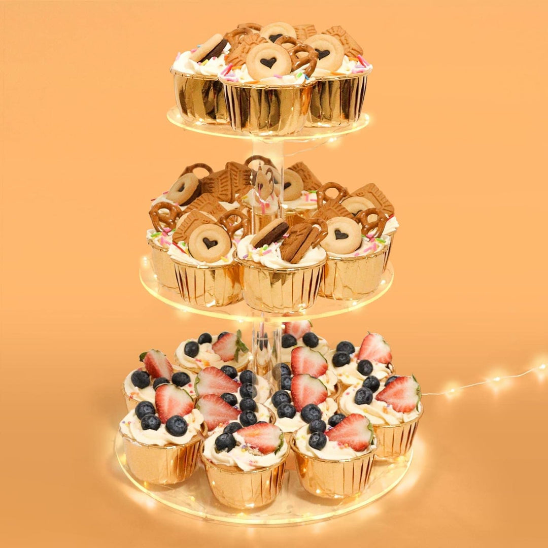 3 Etagen Cupcake Ständer, Gelb LED Lichterkette de Tortenständer Acryl für Hochzeit, Party, Geburtst