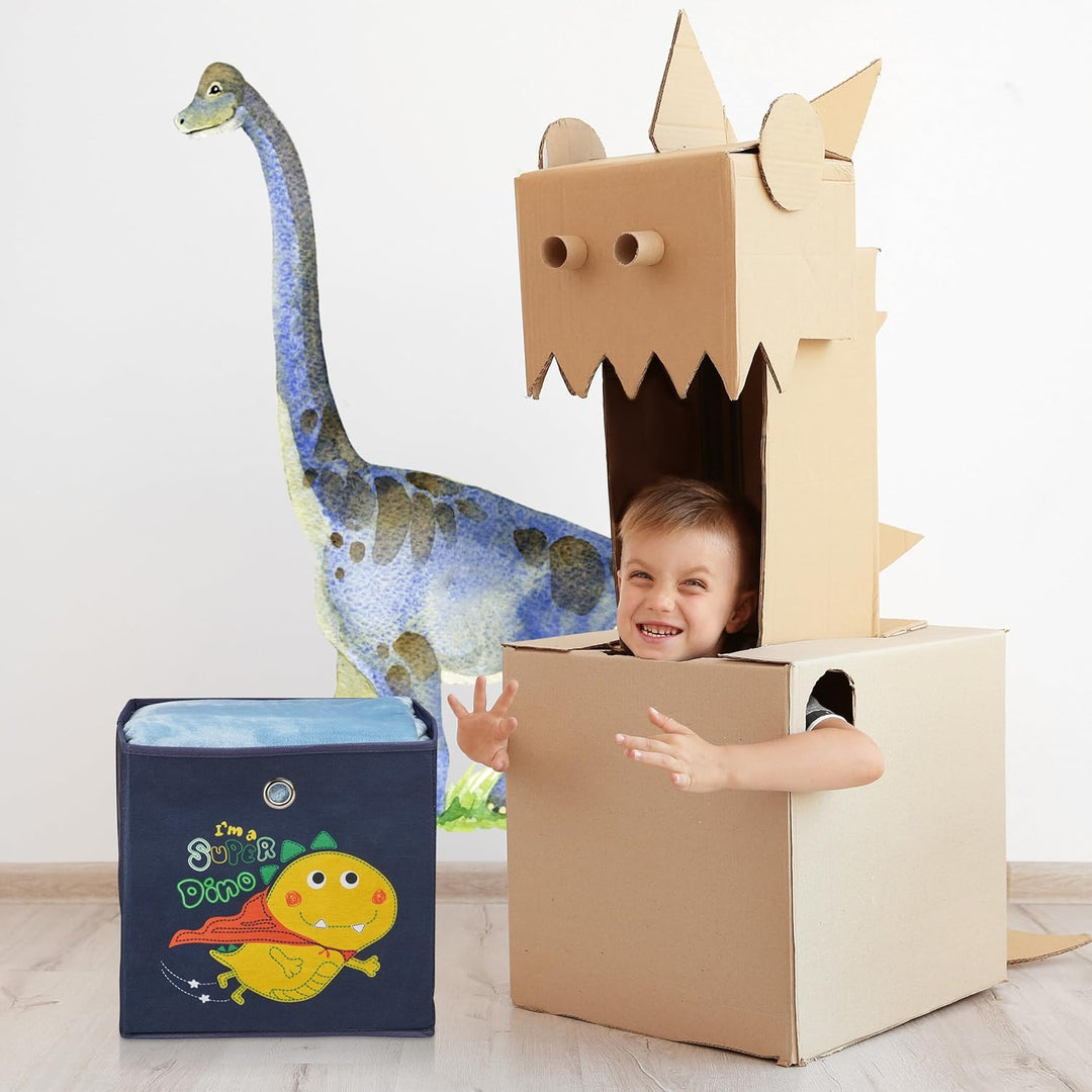 Relaxdays 4er Set, Kinder Aufbewahrungsboxen, süsse Dino-Motive, Faltbox für Würfelregale, HBT: 30x3