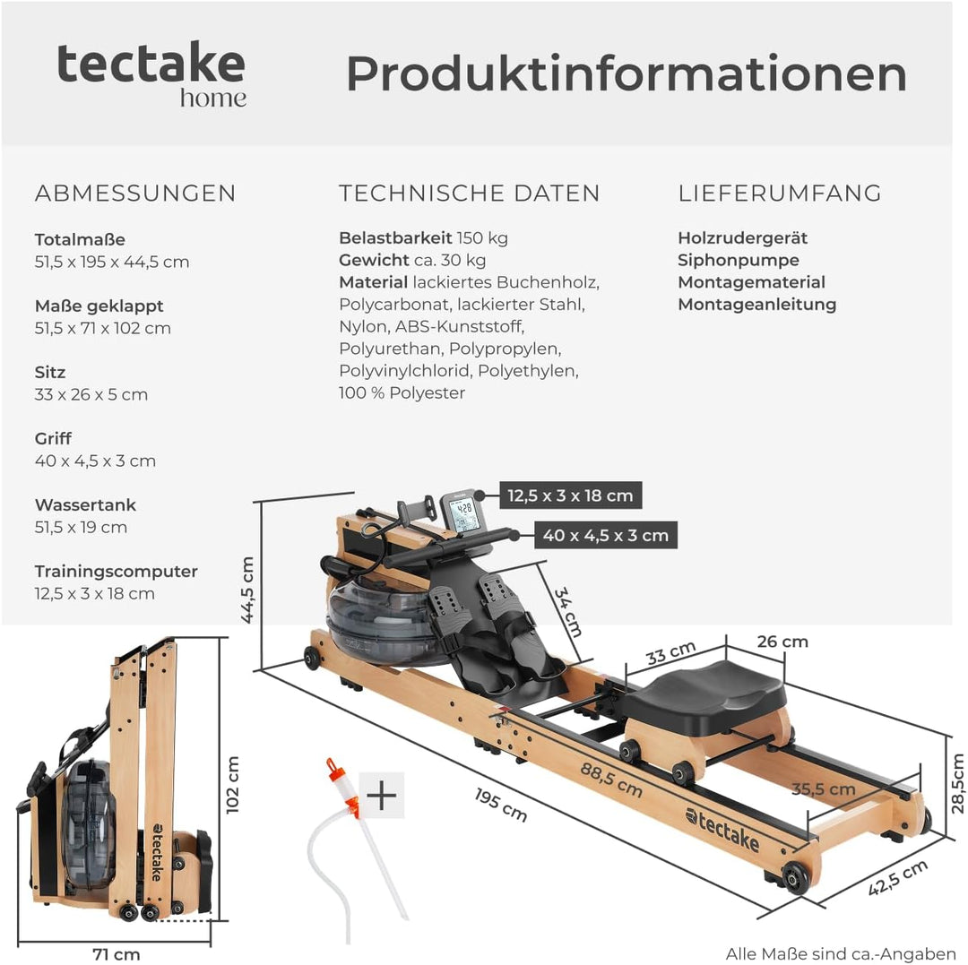 tectake® Wasser Rudergerät für Zuhause + Pulsgurt, Holzrudergerät Heimtrainer mit Wassertank, Wasser