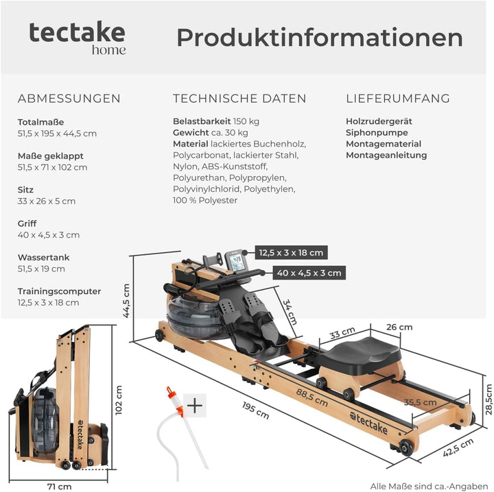 tectake® Wasser Rudergerät für Zuhause + Pulsgurt, Holzrudergerät Heimtrainer mit Wassertank, Wasser