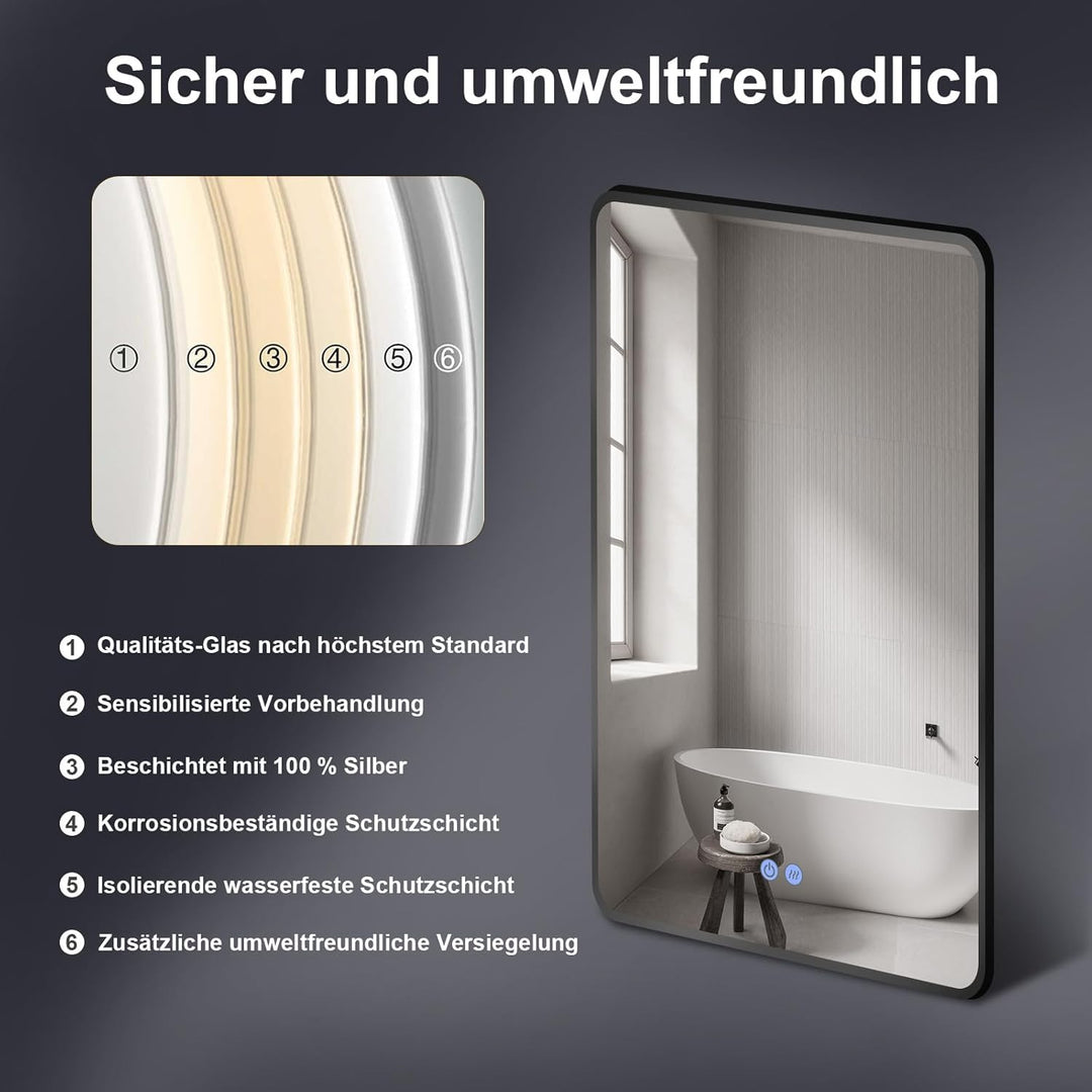 Badspiegel Led Beleuchtung Rechteck 60x80/80x60cm, Wandspiegel mit Antibeschlag und mit Touch Schalt