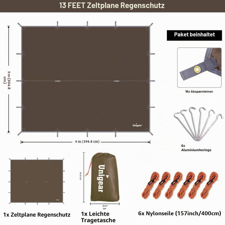 Unigear Tarp 3x3 3x4 3x5 4x4 wasserdicht, Zeltplane für Hängematte mit Ösen + 6/8 Erdnägel + 6/8 Sei
