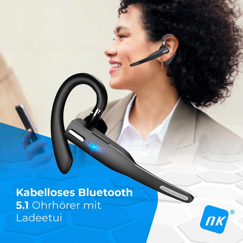 NK Wireless Bluetooth Headset 5.0 + 450 mAh Ladekoffer - Freisprech-Headset, Mikrofon, Clear Voice P