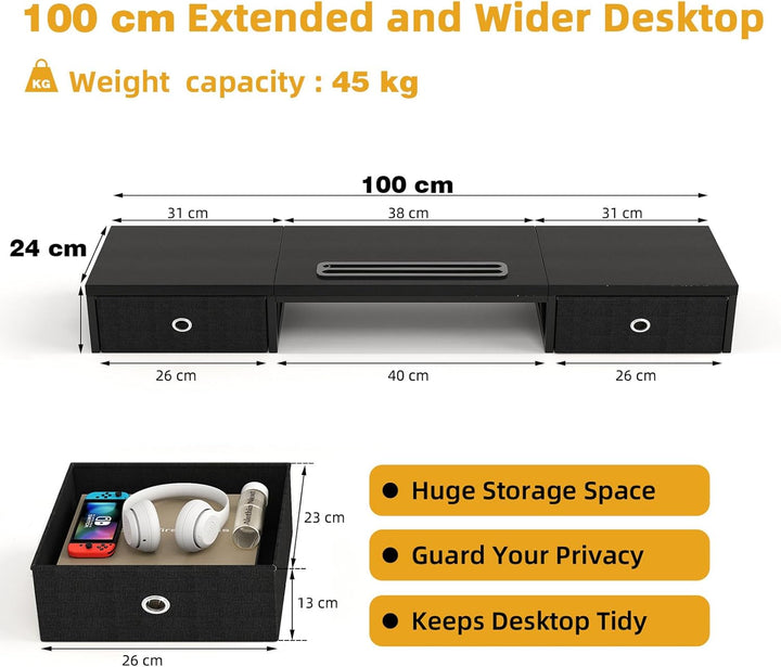 Dual Monitor Stand Riser mit 2 Schubladen - 100CM grosse Lagerung Computer Monitorständer für 2 Moni
