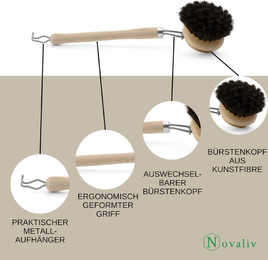 Novaliv 3X Spülbürsten Set I Rosshaar I Holz I gross I Abwaschbürste Küchenbürste Mixtopf Bürste Sch