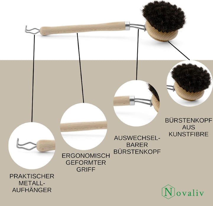 Novaliv 3X Spülbürsten Set I Rosshaar I Holz I gross I Abwaschbürste Küchenbürste Mixtopf Bürste Sch
