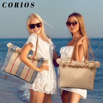 CORIOS Damen Canvas Handtasche Sommer Strand Tasche Grosse Schultertasche Böhmische Tote Beutel Bunt