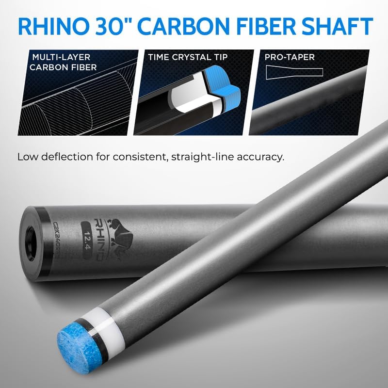 RHINO Nebula 2 Billardqueue – Premium-Kohlefaser-Schaft &amp; Verbundkolben Time Crystal Tip Pro Taper D