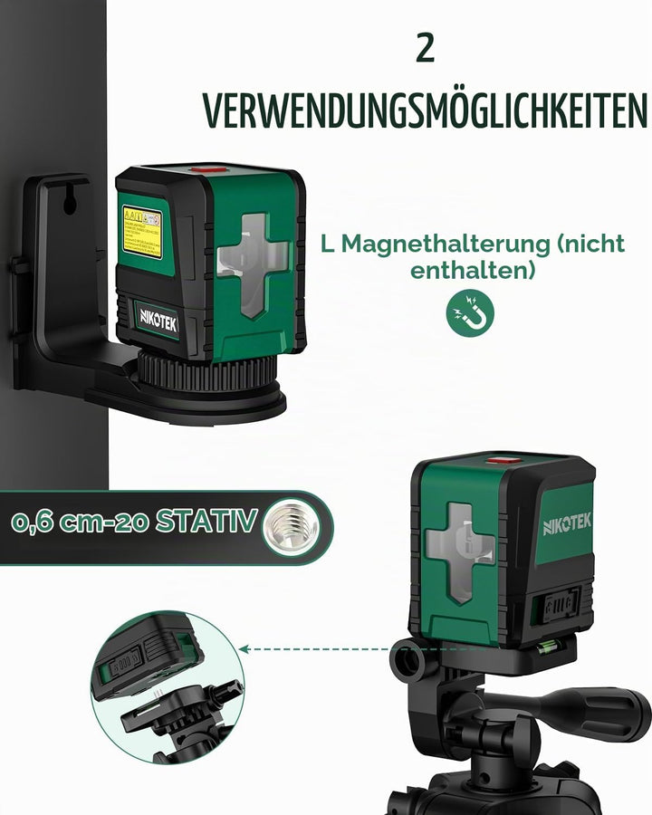 Laser Wasserwaage mit 1,2m-Stativ, Nikotek Selbstnivellierende GrüneKreuzlinienlaser, Horizontale un