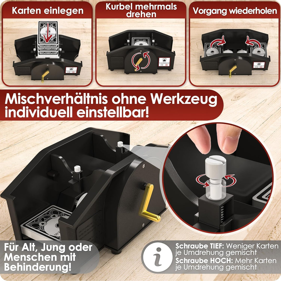 Schwarze Kartenmischmaschine mit Goldener Kurbel für alle Standard Kartenspiele, Kartenmischer mit 2