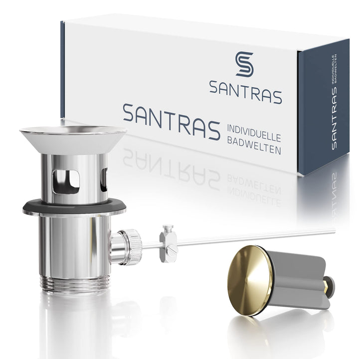 SANTRAS® Exzenter Ablaufgarnitur PREMIUM für Waschtisch mit Schutz vor Überlauf in Chrom/Edelmessing