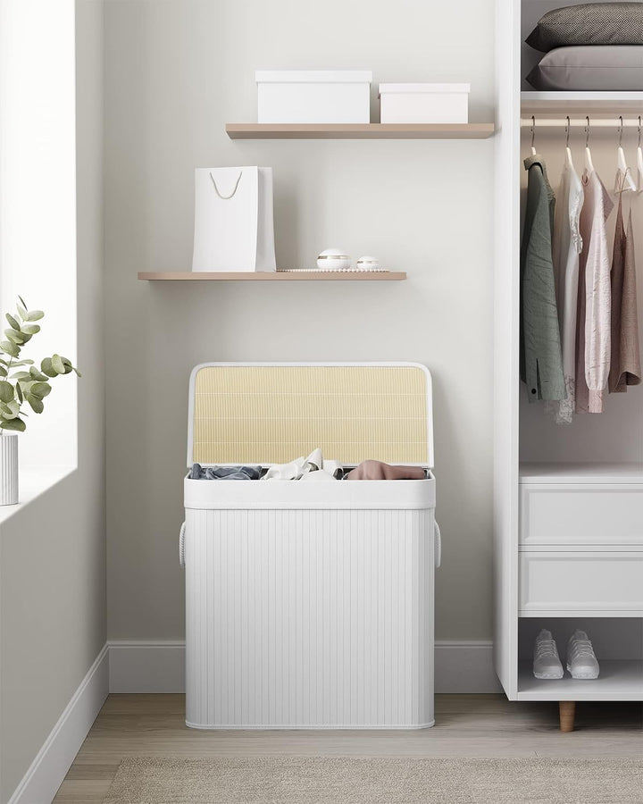 SONGMICS 150L Wäschekorb, Wäschebox mit Deckel, Wäschesortierer, aus Bambus, mit Griffen, 3 Fächern,