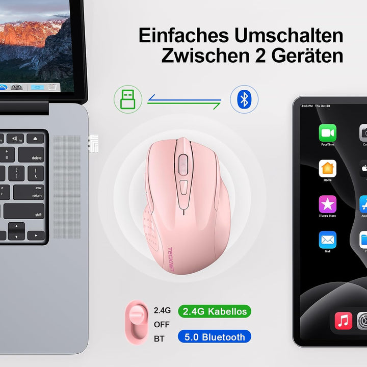 TECKNET Bluetooth Maus, Wiederaufladbare Maus Kabellos(DREI Modi: BT 5.0/3.0 + 2.4G), 4800 DPI, Ergo