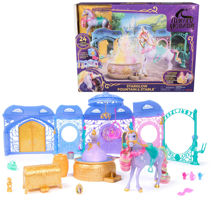 Unicorn Academy – Stall 90 cm, Original Spielset zur Netflix Serie, inklusive Einhorn, Lichtwechsel-