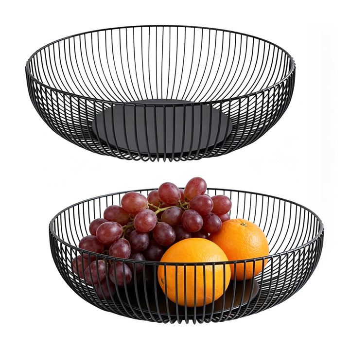 2 Stück Obstschale Metall Schwarz 27.5x8 cm, Seicht Obstkorb aus Metall Abgerundetes Design Durchbro