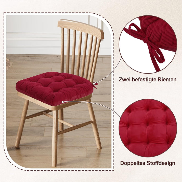 2er Set Stuhlkissen, 45x45x7 cm, Rot – Bequeme Sitzkissen aus Cordstoff und Kristallsamt mit Bindebä