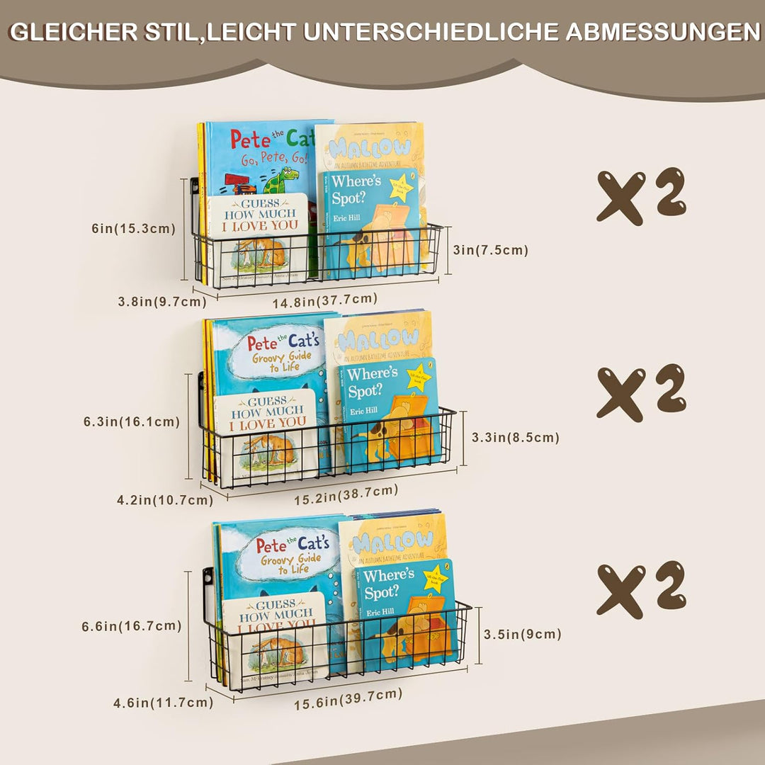 PUERSI 6er-Set Bücherregal Kinder Wand, Metall Wandregal Bücher, Hängend Regal für Kinderzimmer Aufb