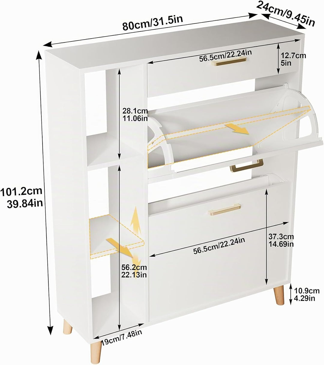 Schuhschrank mit 2 Klappen Schmal Schuhschrank mit 2 Flip-Schuhregal 1 Schublade und 3 Ablagefächer