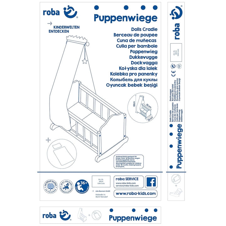 roba Puppenwiege 'Stella', weiss lackiert, inkl. textiler Ausstattung, Bettwäsche und Himmel, Puppen