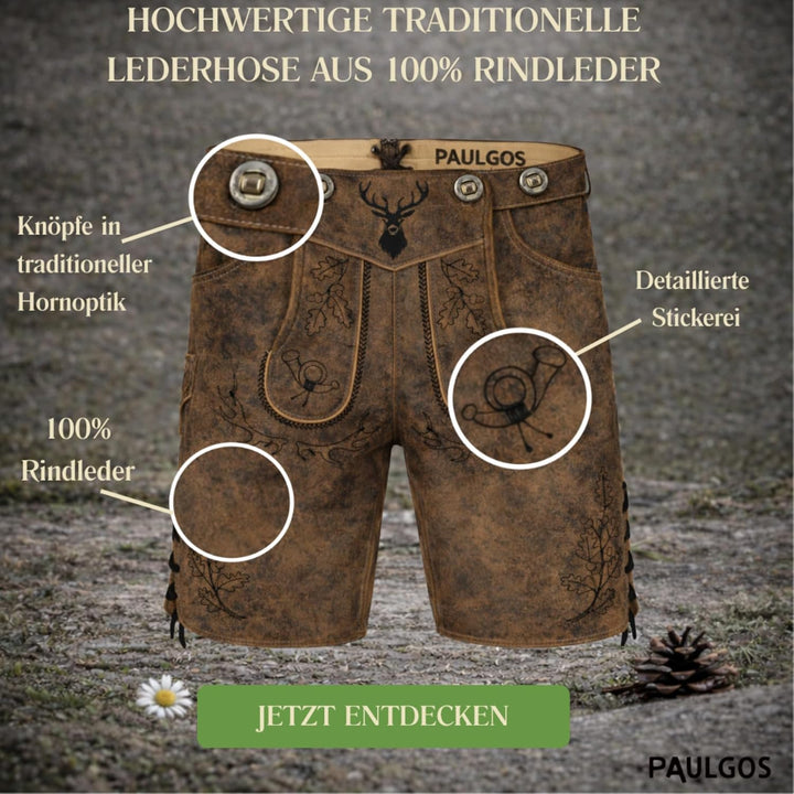 PAULGOS Herren Trachten Lederhose HK5-ANTIK + Träger, Echtes Leder, Gr. 44-60 44 Whiskybraun, 44 Whi