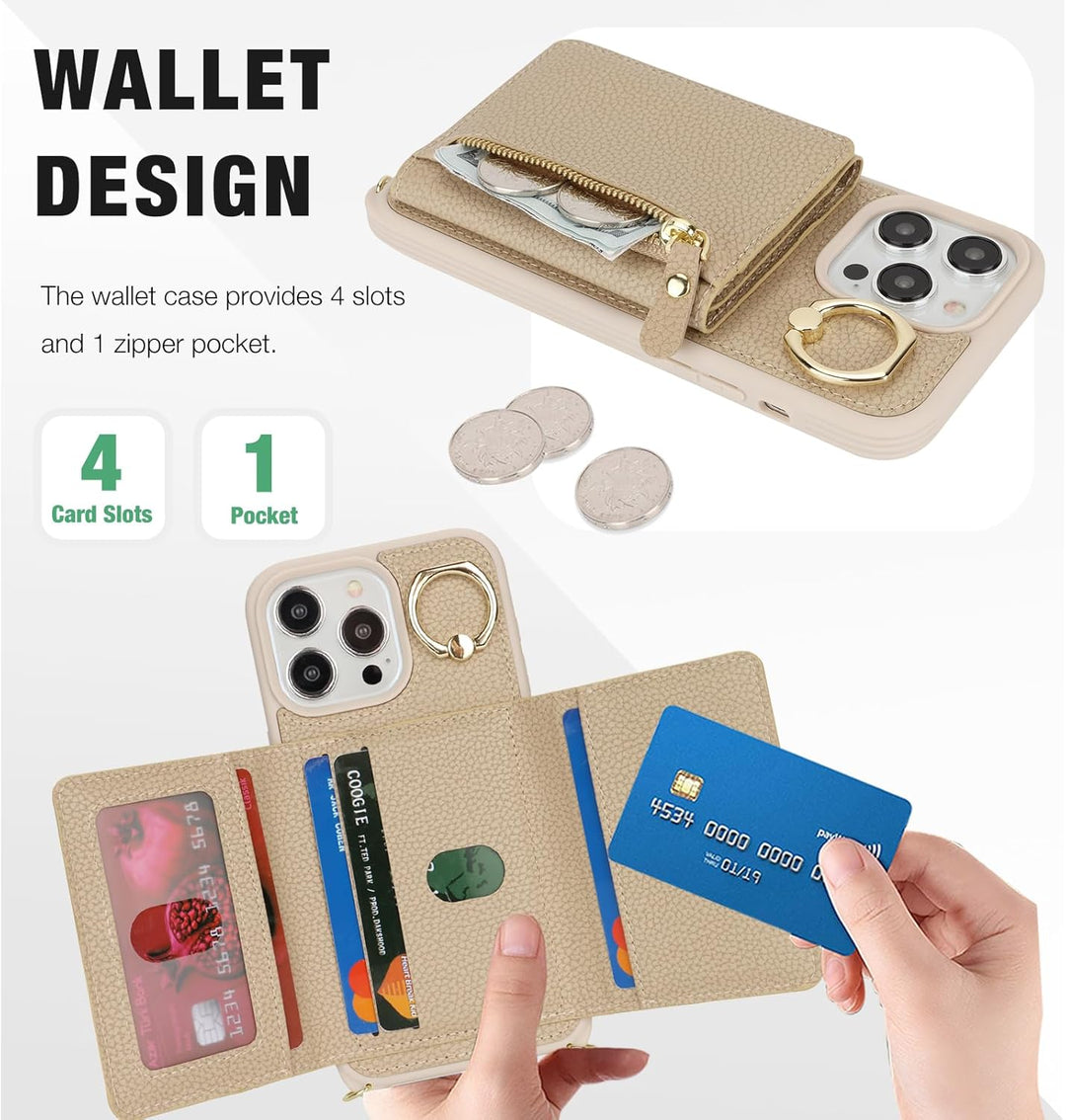 ELTEKER Handyhülle für iPhone 15 Pro Max Hülle mit Band Kartenfach Handykette Ringhalterung Geldbörs