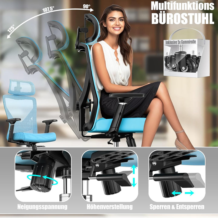KESSER® Bürostuhl Ergonomisch mit verstellbaren Armlehnen | Drehstuhl mit Lendenwirbelstütze Rückens