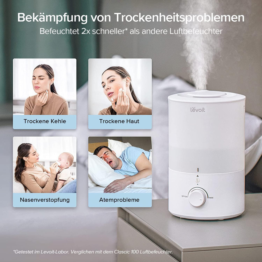 LEVOIT Top-Fill Luftbefeuchter 3L mit Nachtlicht, Spülmaschinenfest, 360° Drehbare Dampfdüsen, 25 St
