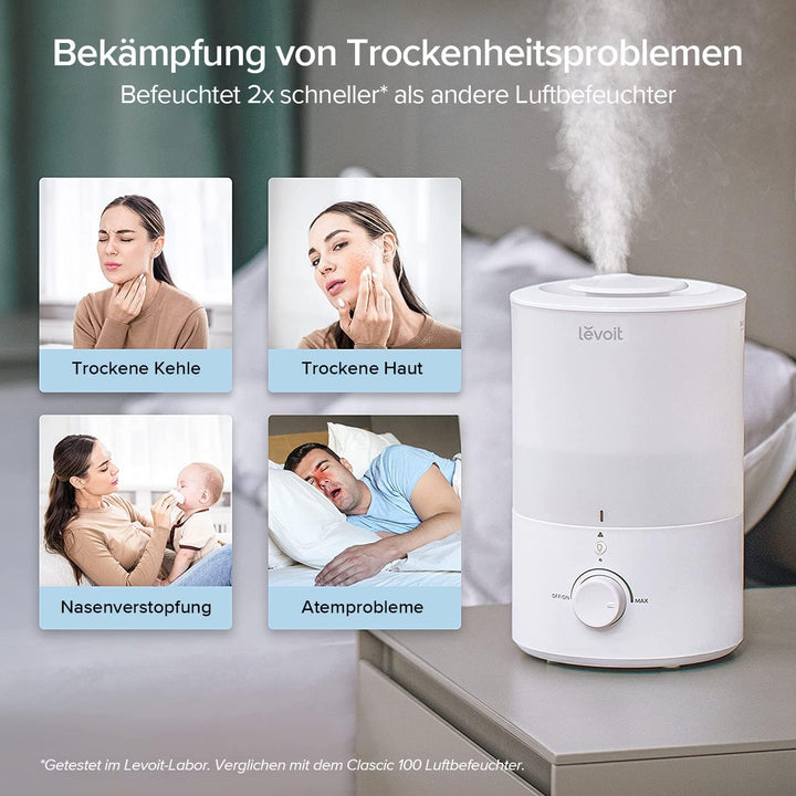 LEVOIT Top-Fill Luftbefeuchter 3L mit Nachtlicht, Spülmaschinenfest, 360° Drehbare Dampfdüsen, 25 St