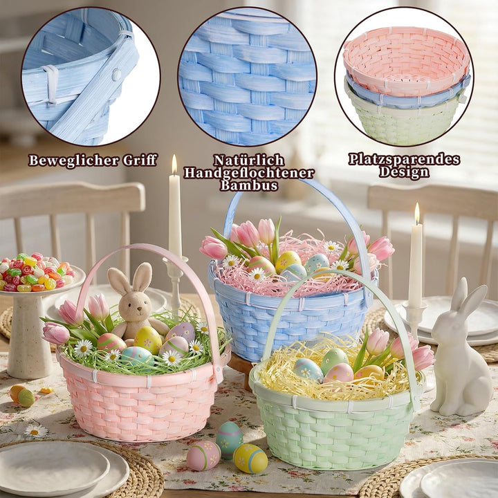 Lanpn Handgefertigte Osterkörbchen mit Henkel 3er Set aus Natur Wicker Baskets Pastellrosa Blau Grün