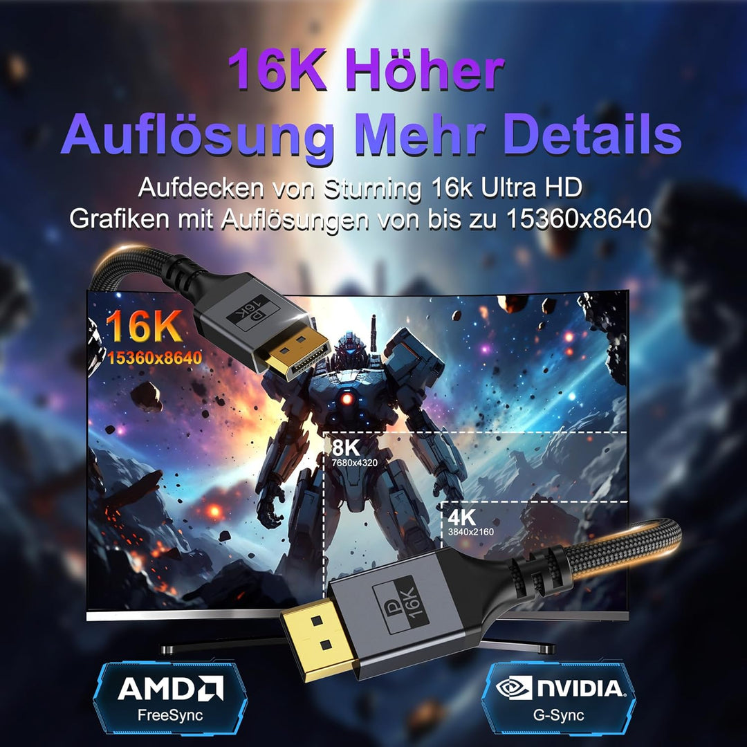 DisplayPort 2.1 Kabel / 16K DP 2.1, 16K@60Hz, 8K@240Hz, 4K@480Hz Unterstützt 80Gbps HDR DSC1.2a Free
