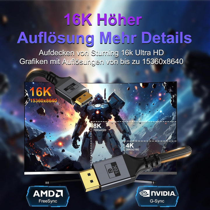 DisplayPort 2.1 Kabel / 16K DP 2.1, 16K@60Hz, 8K@240Hz, 4K@480Hz Unterstützt 80Gbps HDR DSC1.2a Free