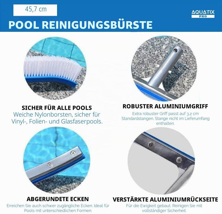 Aquatix Pro Poolbürste, reinigingsborstel voor zwembaden, Aluminium, 45,7 cm, met EZ-Clips; deze rob