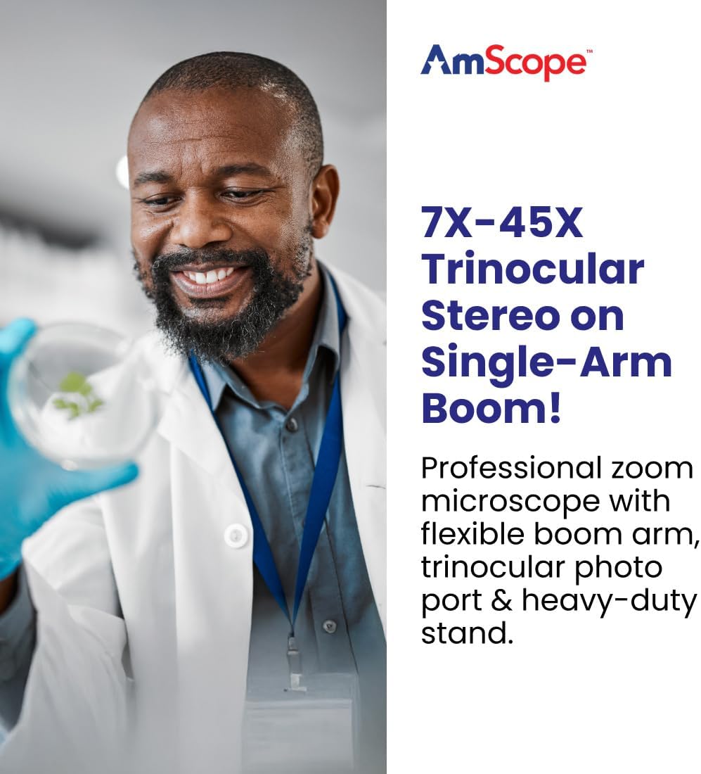 AmScope SM-3T Trinokulares Stereo-Zoom-Mikroskop auf Einarmigem Auslegerständer, 7X-45X, Weiss, Mikr