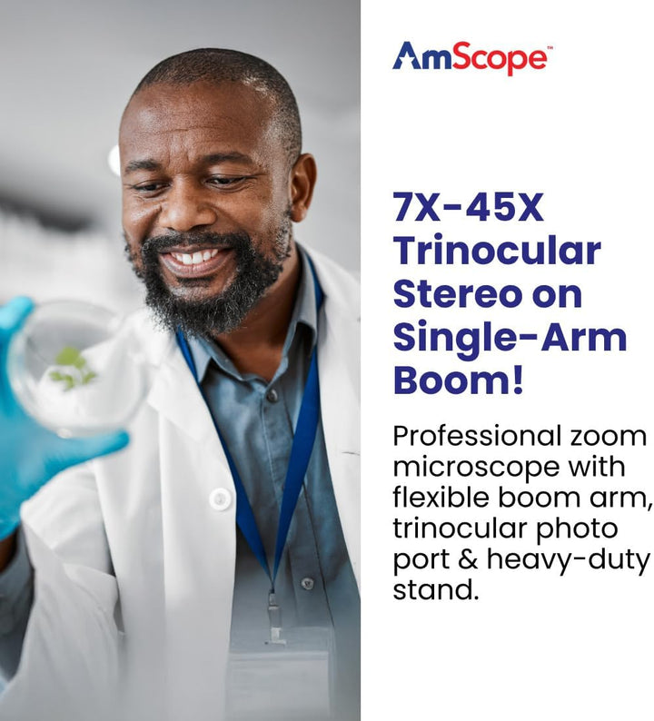 AmScope SM-3T Trinokulares Stereo-Zoom-Mikroskop auf Einarmigem Auslegerständer, 7X-45X, Weiss, Mikr