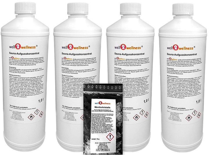 Saunaaufguss Set 4 x 1,0 l von well2wellness® + gratis 10g Mentholkristalle - freie Wahl aus über 60