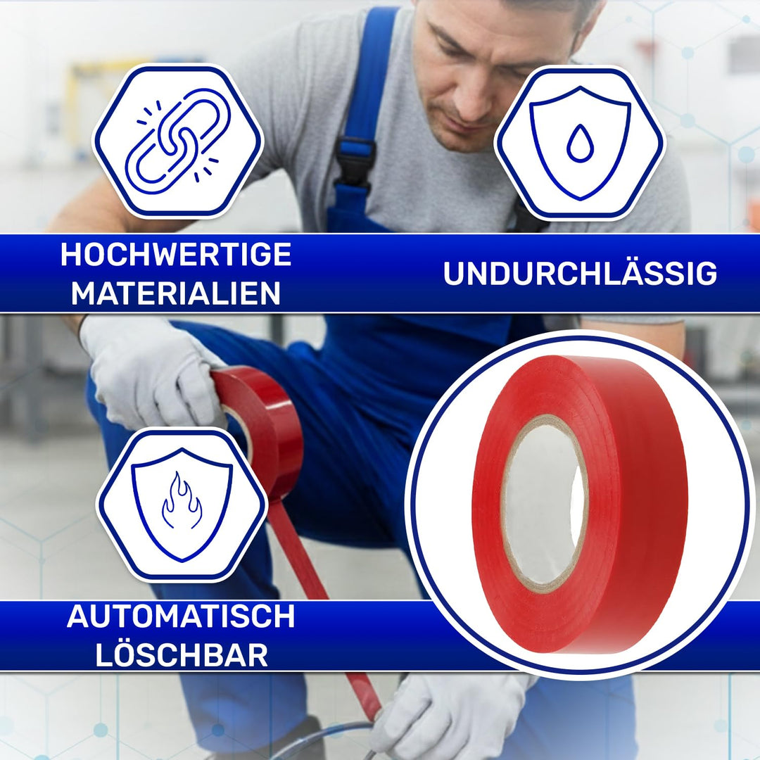 MONTERAL 6 Stück Elektro Isolierband Rot 19 mm x 20 m Dicke 0,13 mm - Isolierband Wasserdicht für Pr