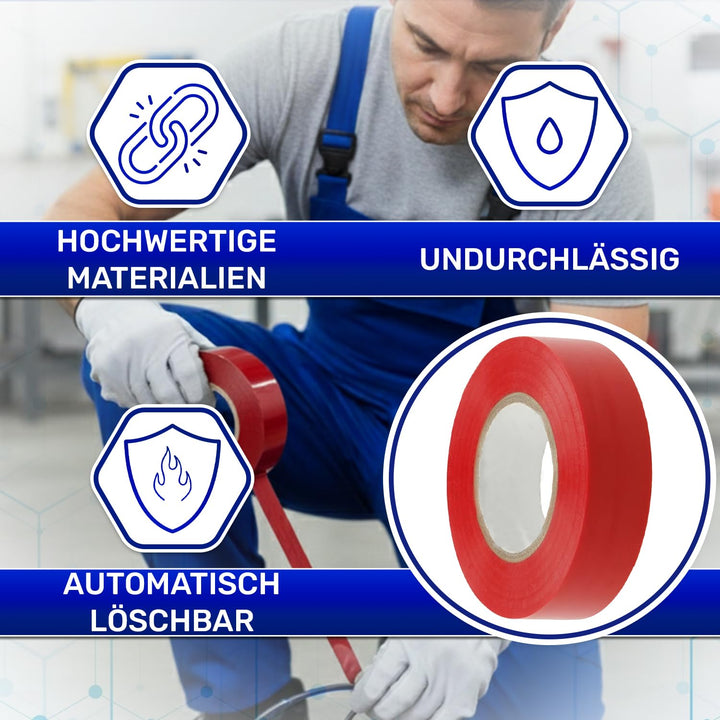 MONTERAL 6 Stück Elektro Isolierband Rot 19 mm x 20 m Dicke 0,13 mm - Isolierband Wasserdicht für Pr