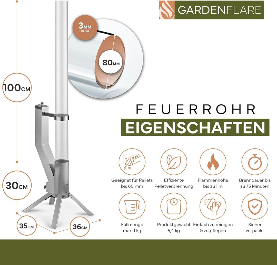 Gardenflare GARDENFLARE Feuerrohr Klassik – Edelstahl Feuersäule und Pelletfackel für Tolles Ambient